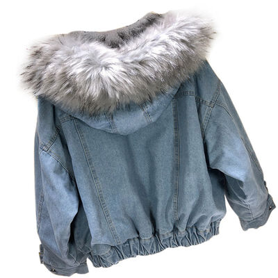 

2019 Winter Thick Jean Jacket Faux Fur Collar Fleece Hooded Denim Coat Female Padded Warm Denim Outwear