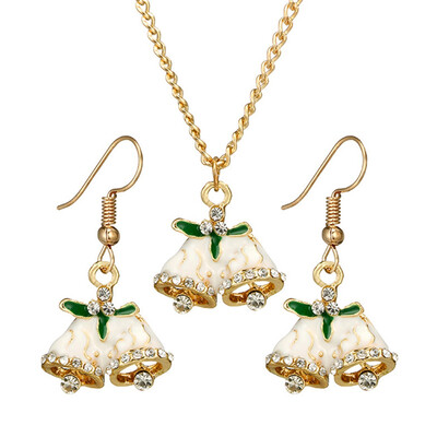 

Christmas Necklace Earrings Jewelry Sets Fashion Gold Rhinestone Enamel Double Bells Christmas Xmas Jewellry Set For Women Gifts