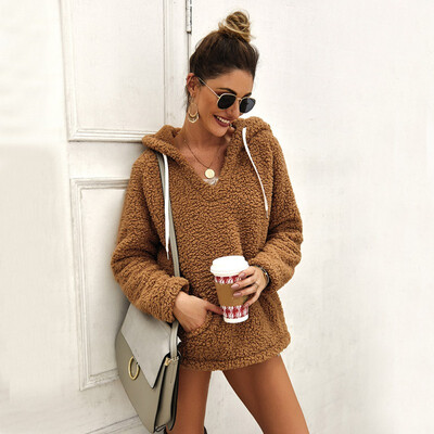 

Women Plush Sweater Coat Solid Color Hat Collar Long Sleeve Casual Warm Winter Autumn Loose Tops