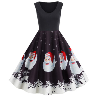 

Tailored Womens Vintage Merry Christmas Print Housewife Evening Party Sleeveless Dress