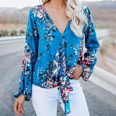 

Womens Autumn Loose Tops Casual V-neck Long Sleeve Printed Tie Up Silky Shirts