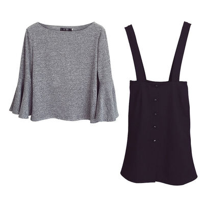 

Women Ruffle Bottoming ShirtStrap Dress Two-piece Suit Female Autumn Winter Clothing Set