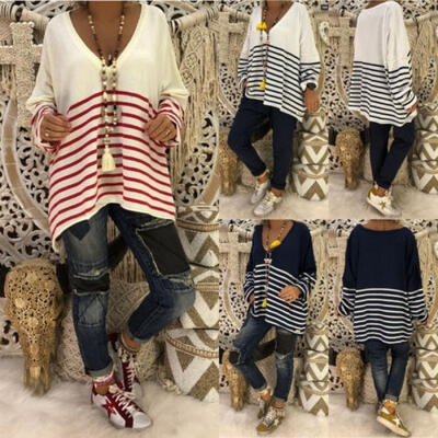 

Women Striped Long Sleeve V-Neck T-Shirt Casual Loose Blouse Tops