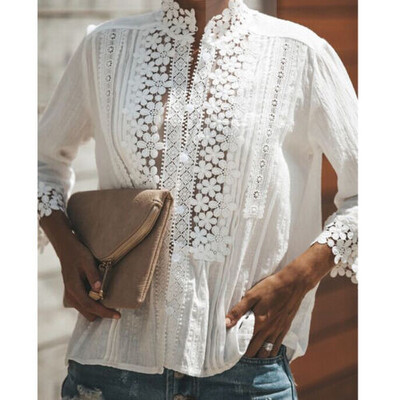 

2019 Fashion Women Lace Hollow Slim Blouses Long Sleeve White Shirt Tops New