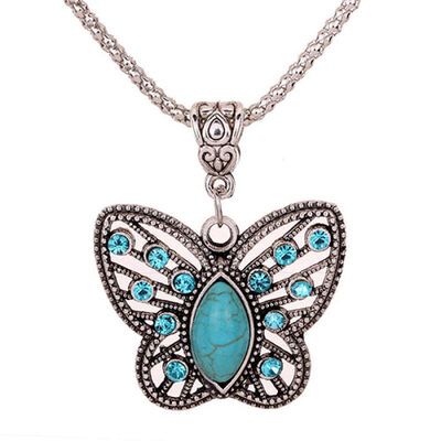 

Women Retro Turquoise Butterfly Hollow Rhinestone Inlay Pendant Tibetan Necklace