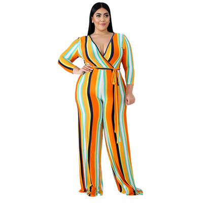 

Sexy Women Stripes Jumpsuit Long Sleeve V-neck Plus Size High Waist Rompers