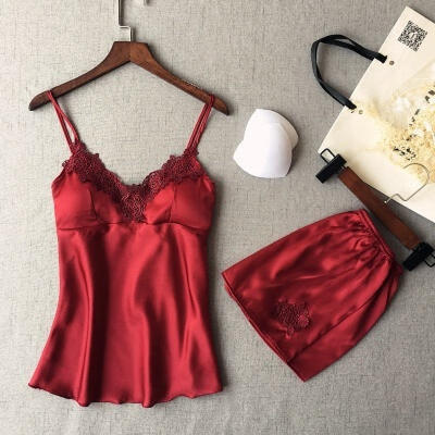 

2PCS Women Lady Silk Sleepwear Babydoll Lingerie Nightdress Pajamas Pyjamas Set