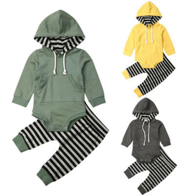 

UK Newborn Baby Boy Hooded Tops Romper Striped Long Pants Outfits Clothes 0-24M