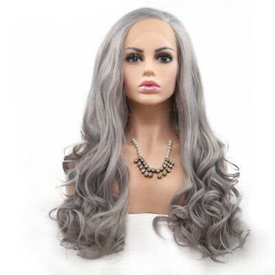 

Amazing Star Lace Frontal Wigs Long Curly Hair Silver Gray Color Heat Resistant Hand Tied Lace Frontal Synthetic Wigs Side Part