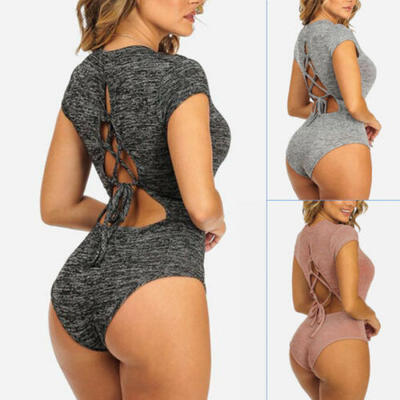 

Womens Crew Neck Exhaust Chest Bodysuit Bodycon Short Sleeves Playsuit Size -XL