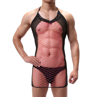 

Men Hollow Halter Nightdress Sexy Loose See-through Fishnet Loungewear Sleepwear