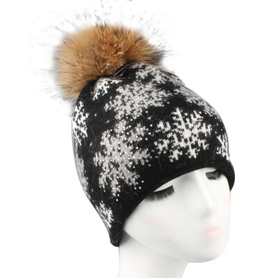

Winter Hat Scorpion Fur Pom Pom Bobble Women Rhinestone Snowflake Knitted Beanie Hat Christmas Gift