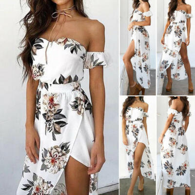 

Women Boho Floral Maxi Off Shoulder Long Dress Evening Party Slit Spilt Sundress