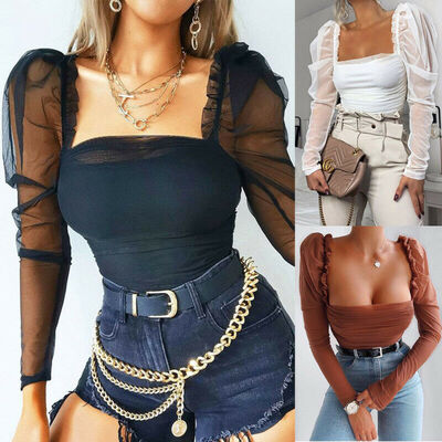 

HOT Autumn Women Long Puff Sleeve Ruched Blouse Mesh Sexy Top Bottoming T Shirt