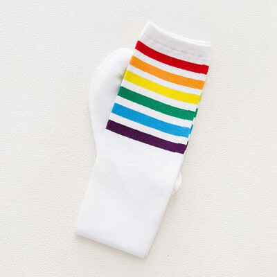 

1Pair Soft CottonThigh High Socks Over Knee Rainbow Stripe Girls Football Socks