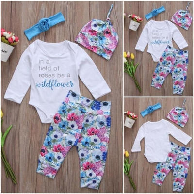 

4pcs Kid Baby Girl Clothes Jumpsuit Romper Bodysuit Floral Long Pants Outfit Set
