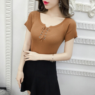 

Summer sweetly solid short sleeved knitted t shirt one size women slim tops dropshipping