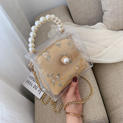 

Ins summer Korean-style transparent bag womens new 2019 pearl hand-held jelly-bag chain messenger bag