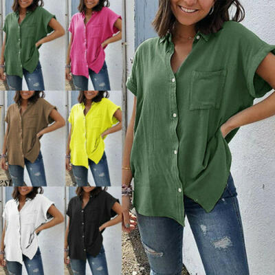 

Women Cotton Solid Blouse Short Sleeves Plus Size Casual Linen Top T-Shirt -5XL