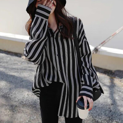 

Women Stripe Long Sleeve Blouse Button Down Lapel Collar Tops Office Work Shirts