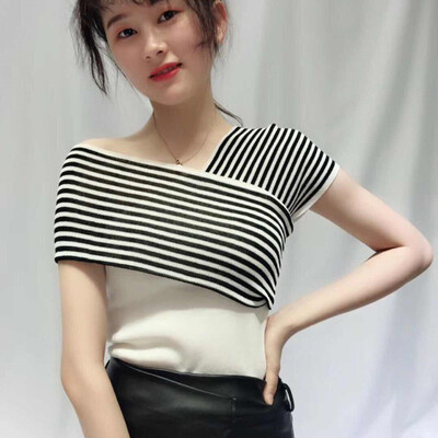 

Women Sexy Summer Harajuku Tshirt Fashion Short Sleeve Striped Print Knitted T-Shirt