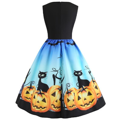 

C065 Cross-border Halloween Womens Lace Round Neck Sleeveless Black Cat Pumpkin Face Elastic Elastic Waist Dress blue