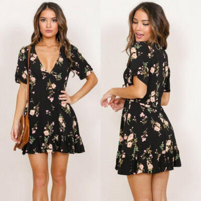 

AU Women Short Sleeve Wrap Boho Floral Mini Dress Summer Sundress Holiday 2019