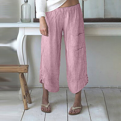 

Tailored Women Plus Size Stripe Pocket Wide Leg Pants Cotton Linen Trousers Ninth Pants