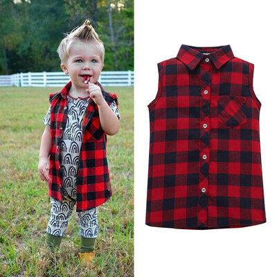 

Toddler Baby Boy Girls Boys Sleeveless Plaid Blouse Shirt Tops Outfit Clothes