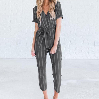 

Starmoon Women V-Neck Short Sleeved Cotton Linen Striped Plus Size Loose Belt Jumpsuit