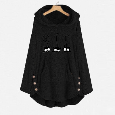 

Tailored Womens Fleece Cat Embroidery Plus Size Warm Hoodie Top Button Sweater Blouse