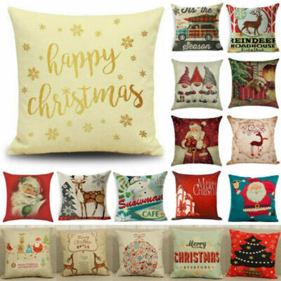 

18x18" Merry Christmas Print Cotton Linen Cushion Cover Pillow Case Home Decor