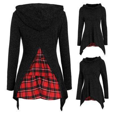 

Starmoon Women Long Sleeve Hooded Back Plaid Patchwork Irregular Sweatshirt Top Pullover