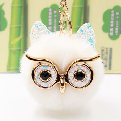 

Free Shipping Glasses Owel Charms Plush Phone Case Straps Rabbit Fur Like Key Chain Owels Poms Ball Pendant Keychains Car Keyring