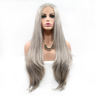 

Amazing Star Lace Frontal Wigs Long Straight Hair Silver Gray Color Middle Part Heat Resistant Synthetic Hair Wig