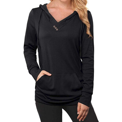 

Women Long Sleeve Hoodie V-Neck Pocket Hooded Hoodie Solid Color