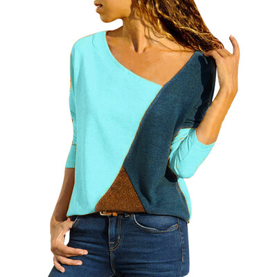 

Nomeni Women O-Neck Splicing Color Collision Long Sleeves Plus Size Easy Tops Blouse