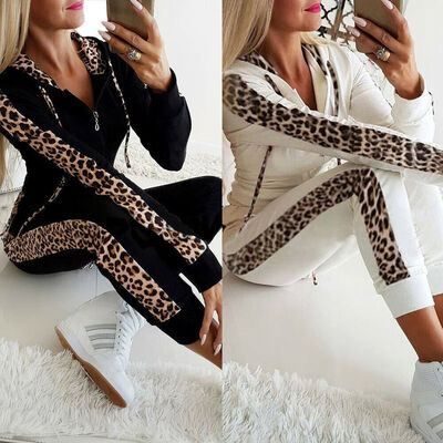 

Women Casual Leopard Printed Tracksuit Sport Gym Long Sleeve Outwear Trouser Set