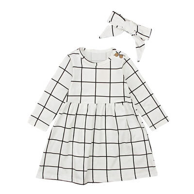 

2pcs Children Plaid Clothing Set Girls Long Sleeve A-line Dress Headband