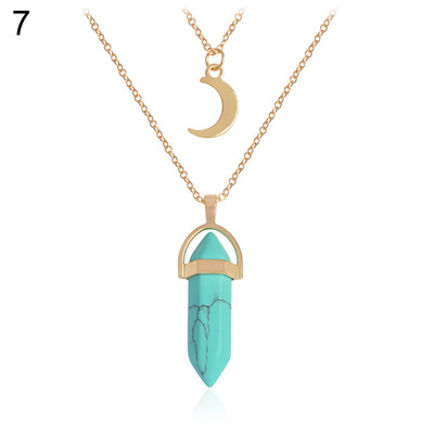 

Womens Stylish Moon Hexagon Prism Stone Pendant Double Layers Chain Necklace