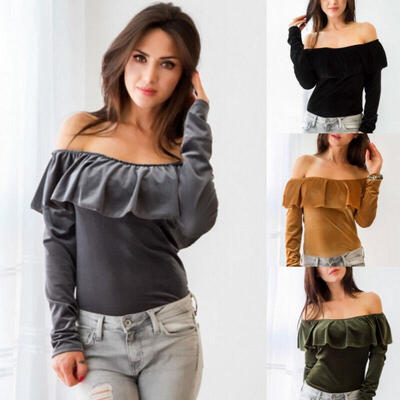 

Boutique Women Winter Croped Velvet Long Sleeve Ruffle Off Shoulder Blouse Tops
