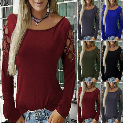 

Women&39s Hallow-out Long Sleeve Blouse Solid Color Autumn Casual Tops -3XL