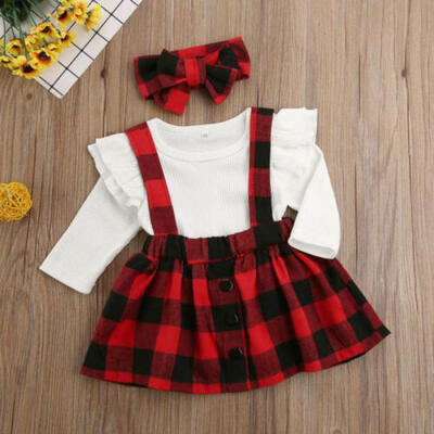 

US Christmas Newborn Baby Girl Clothes Knitted Romper Plaids Bib Skirt Outfits