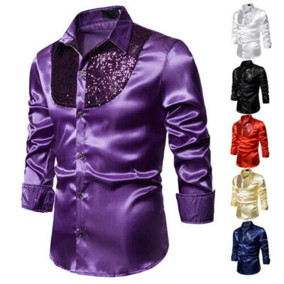 

Mens Formal Satin Shiny Silk Wedding Dress Shirt Autumn Slim Long Sleeve T-shirt