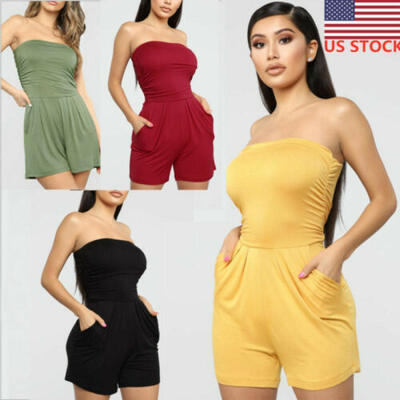 

US Womens Off Shoulder Fashion Tube Top Jumpsuit Playsuit Beach Shorts Romper