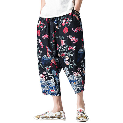 

Gobestart Mens Casual Slim Sports Pants Cropped Trousers Linen Trousers Baggy Harem Pants