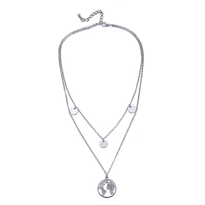 

World Map Wanderlust Pendant Necklace Multilayer Silver Chain Women Necklace Disc Coin Choker Beach Jewelry Femme Collares