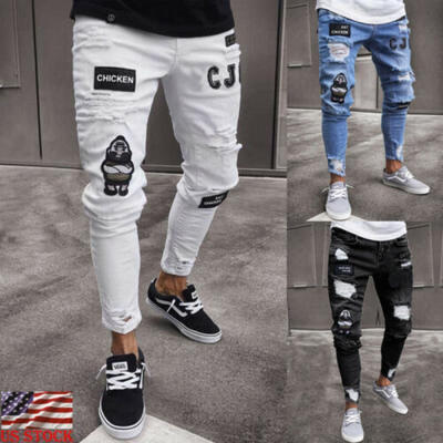 

Men Stretchy Ripped Skinny Biker Jeans Destroyed Taped Patch Slim Denim Pants