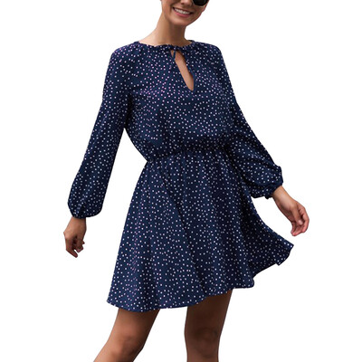 

V-neck Sweet Wave Point Dress Puff Sleeve Long Sleeve Waist Slimming Mini Skirt Coffee