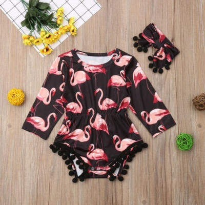 

Toddler Infant Baby Girl Flamingo Romper Bodysuit Jumpsuit Headband Clothes